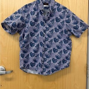 Thomas Dean Blue Tropical Leaf Short-Sleeve Shirt